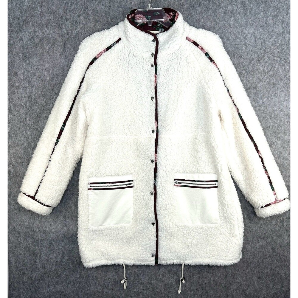 Matilda Jane Sherpa Jacket Women's Size Medium Cream Floral Trim Snap Front